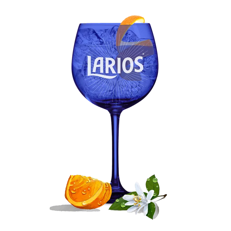Blue Larios glass cup filled with Gin Tonic Rose and garnished with orange peels