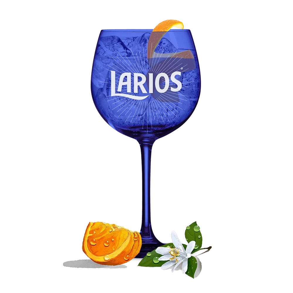 Blue Larios glass cup filled with Gin Tonic Rose and garnished with orange peels