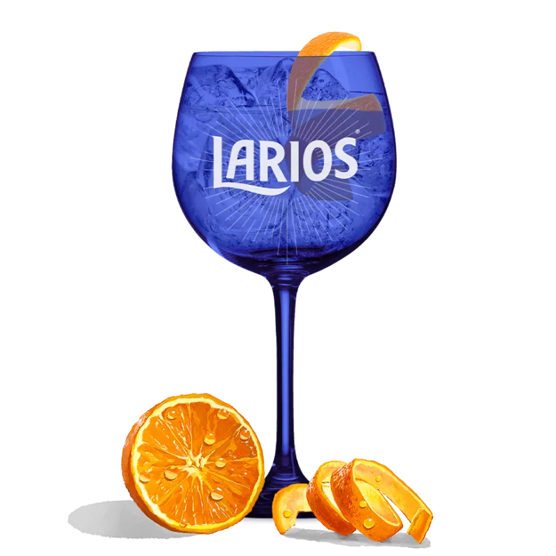 Blue Larios glass cup filled with Gin Rose Lemonade and garnished with orange peels