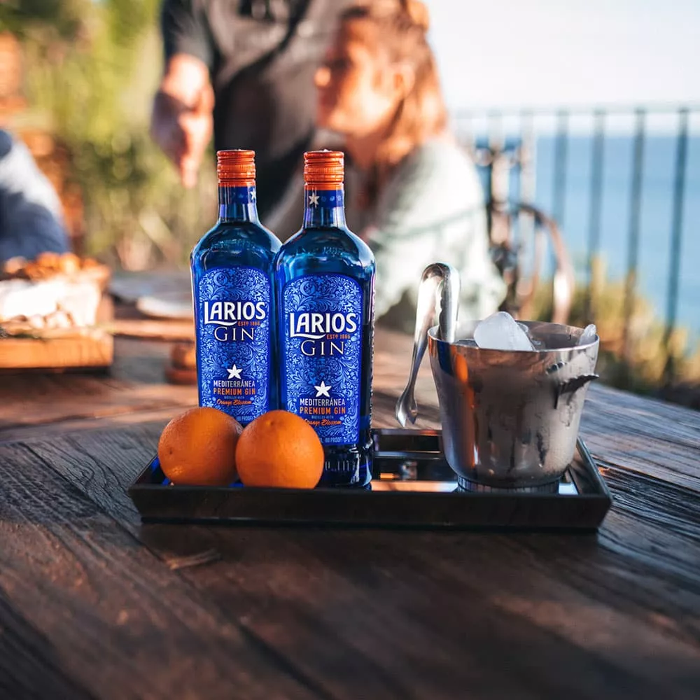 Two bottles of Larios Gin, two oranges and an ice bucket standing on a black tray with people and the ocean in the background