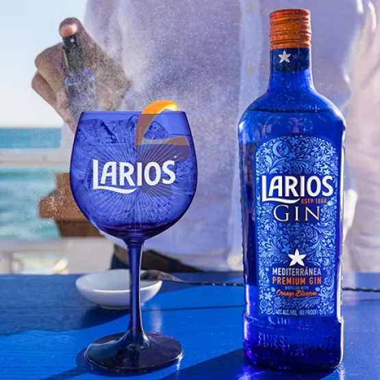 A sparkling blue bottle and glass of Larios Gin, with juniper garnish.